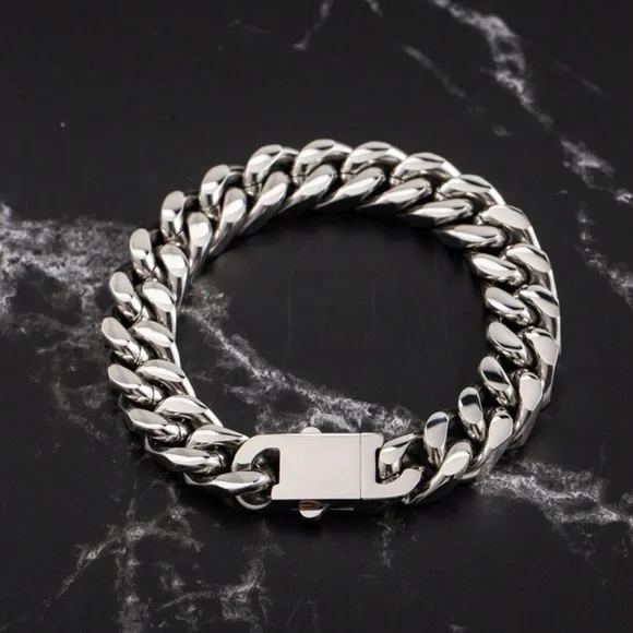 Men Silver 13mm Wide Stainless Steel Miami Curb Chain Bracelet - Picture 3 of 8